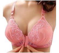 Flodxo Women Front Fastening Bras Front Closure Non Wired Ladies Bras Push Up Wireless Comfit Everyday Bra No Underwire Deep V Neck Padded Bralettes Breathable Lace Floral Soft Bra Pink L