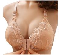 Flodxo Women Front Fastening Bras Front Closure Non Wired Ladies Bras Push Up Wireless Comfit Everyday Bra No Underwire Deep V Neck Padded Bralettes Breathable Lace Floral Soft Bra Khaki XXL