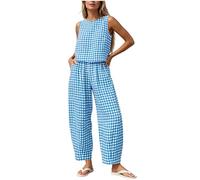 Flodxo Womens 2 Piece Gingham Lounge Wear Sets Summer Casual Checked Co Ord Sets Sleeveless Crewneck Vest Top and Long Pants with Pockets Regular Fit Comfy Airport Travel Outfits Blue L