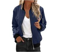 Flodxo Women's Bomber Jacket Zip Up Baseball Jacket Lightweight Flight Jackets Open Front Bomber Jackets Round Neck Long Sleeve Pullover Ladies Casual Solid Coat Shirts with Pockets Navy M