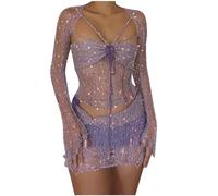 Flodxo Women's Crochet Sequin Skirt Suits 3 Piece Dress Crop Sparkly Top Long Sleeve Split Knitted Sexy Sparkle Mini Dress Sets Sequins Skirt Sets Crop Cardigan Party Clubbing Outfits Purple M