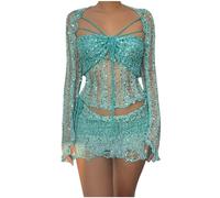 Flodxo Women's Crochet Sequin Skirt Suits 3 Piece Dress Crop Sparkly Top Long Sleeve Split Knitted Sexy Sparkle Mini Dress Sets Sequins Skirt Sets Crop Cardigan Party Clubbing Outfits Sky Blue L