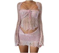 Flodxo Women's Crochet Sequin Skirt Suits 3 Piece Dress Crop Sparkly Top Long Sleeve Split Knitted Sexy Sparkle Mini Dress Sets Sequins Skirt Sets Crop Cardigan Party Clubbing Outfits Pink M