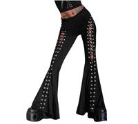 Flodxo Womens Flared Trousers Gothic Black Pants Vintage Bell High Waisted Hollow Trousers Goth Dark Grunge Streetwear Bootcut Track Bototms Punk Hollow Out Bootleg Pants for Holiday Black S