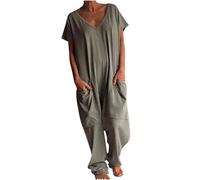 Flodxo Womens Jumpsuit Long Ankle Playsuit V Neck Short Sleeve Overalls Plus Size Straight Leg Trousers Jumpsuits Pockets Casual Loose Oversized One Piece Outfits Relaxed Fit Rompers Army Green XXL