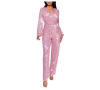 Flodxo Women's Jumpsuits & Playsuits V Neck Long Sleeve Romper Sequin Glitter Playsuit Ladies Sparkle Wedding Party Clubbing Rompers High Waist Office Trousers Glitter Bling Clubwear Pink XL