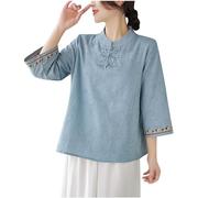 Flodxo Women's Linen Tops Chinese Style Frog Button Blouses Elegant Casual Boho Embroidered Top Summer Bohemian Long Sleeve Shirts Dressy Casual Pullover Vintage Tunic Top Blue XL
