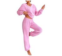 Flodxo Womens Lounge Wear Sets 2 Piece Pajama Sets Winter Fleece Fluffy Pyjamas Cosy Soft Two Piece Outfits V Neck Pyjama Tops and Fluffy Pyjama Bottoms Nightwear Sleepwear Pjs Set Pink M