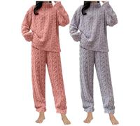 Flodxo Womens Pajama Set 2 Pack Fluffy Fleece Pyjamas Set Long Sleeve Pyjama Tops and Fluffy Bottoms Winter Warm Lounge Wear Sets Sleepwear Nightwear Pjs Sets Cosy Soft 2 Piece Outfit Purple