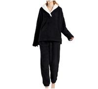 Flodxo Womens Pajama Set 2 Piece Flannel Fluffy Pyjamas Set Fuzzy Cosy Pjs Sets Winter Warm Lounge Wear Sets Shawl Neck Long Sleeve Tops and Bottoms Nightwear Sleepwear Pyjamas Black XXL