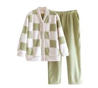 Flodxo Womens Pyjamas Fluffy Set Soft Fuzzy Fleece Pajamas Warm Lounge Wear Sets Winter Co Ord Set Button Down Long Sleeve Tops and Pjs Bottoms Checked Flannel Pyjamas Sleepwear Green M