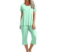 Flodxo Womens Pyjamas Short Sleeve Summer Lounge Wear Sets Comfy Casual 2 Piece Outfits Co Ord Sets Tops & T-Shirts and Elastic Waist Capri Cropped Trousers Sleepwear Pajamas Homewear Mint Green M
