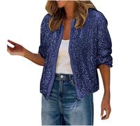 Flodxo Womens Sequin Front Zip Jacket with Ribbed Cuffs Zipper Up Party Collarless Bomber Glitter Sparkly Jacket Long Sleeve Top Tinsel Jacket Sequin Blaze for Party Festival Clubwear Dark Blue L