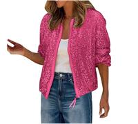 Flodxo Womens Sequin Front Zip Jacket with Ribbed Cuffs Zipper Up Party Collarless Bomber Glitter Sparkly Jacket Long Sleeve Top Tinsel Jacket Sequin Blaze for Party Festival Clubwear Hot Pink L