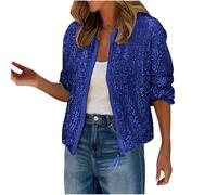 Flodxo Womens Sequin Front Zip Jacket with Ribbed Cuffs Zipper Up Party Collarless Bomber Glitter Sparkly Jacket Long Sleeve Top Tinsel Jacket Sequin Blaze for Party Festival Clubwear Blue S