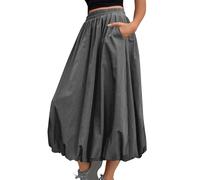 Flodxo Womens Skirts Elastic Waist Boho Summer Dresses with Pockets Elegant Casual Bubble Maxi Skirt Y2K Balloon Ruffle Hem Puff A Line Dress for Going Out Party Club Beach Holiday Grey M