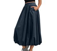 Flodxo Womens Skirts Elastic Waist Boho Summer Dresses with Pockets Elegant Casual Bubble Maxi Skirt Y2K Balloon Ruffle Hem Puff A Line Dress for Going Out Party Club Beach Holiday Navy L