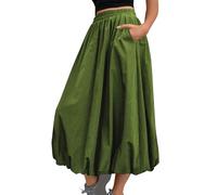 Flodxo Womens Skirts Elastic Waist Boho Summer Dresses with Pockets Elegant Casual Bubble Maxi Skirt Y2K Balloon Ruffle Hem Puff A Line Dress for Going Out Party Club Beach Holiday Army Green XL