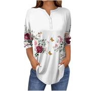 Flodxo Women's Summer Tops 3/4 Sleeve Tops and Blouses Elegant Summer Boho Tunic Shirts Casual Henley Dressy Ladies Pullover Floral Button Up V Neck T Shirts Three Quarter Sleeve Top White XL