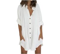 Flodxo Womens Tops Oversized Cotton Linen Button Up Shirts Summer Casual Blouse Roll-Up Sleeve Tops Extra Long Top with Pockets Hawaii Beach Cover Up Ladies Clothes White S
