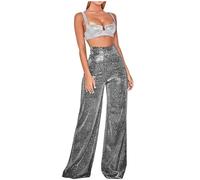 Flodxo Womens Wide Leg Trousers Ladies Sparkle Pants Plus Size Palazzo Trousers High Waist Glitter Baggy Sweatpants Solid Loose Pants Bling Party Pants Clubwear Streetwear Dance Black XL