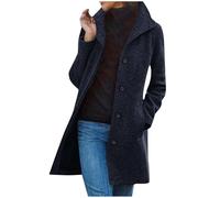 Flodxo Wool Coats for Women UK Lapel Long Trench Coat Elegant Button Winter Jackets Solid Color Longline Thermal Tops Ladies Wool Coats Outdoor Outerwear Women's Pea Coat with Pocket Dark Blue M