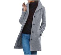 Flodxo Wool Coats for Women UK Lapel Long Trench Coat Elegant Button Winter Jackets Solid Color Longline Thermal Tops Ladies Wool Coats Outdoor Outerwear Women's Pea Coat with Pocket Grey L