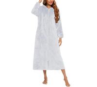 Flodxo Zip Dressing Gowns for Women UK Fleece Winter Warm Bathrobe Long Sleeves Zip Up Housecoat Fluffy Plush Robes Lightweight Warm and Cosy Dressing Gowns Loungewear Nightwear Grey S