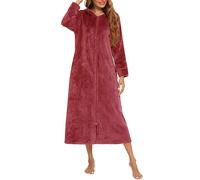 Flodxo Zip Up Dressing Gowns for Women UK Lightweight Fluffy Fleece Bath Robe Super Soft Hooded Plush Housecoat Long Length Warm and Cosy Bathrobe Loungewear Towel Dressing Gown Wine XXL