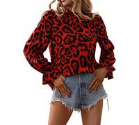 Floerns Women's Leopard Print Long Sleeve Frill Trim Mock Neck Blouse Tops, Red, Large