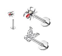FLOGWE 2~4PCS 16G 316L Pushin Lip Rings Top Push in Threadless Spider Bee Butterfly Nose Stud Rings Top Push in Threadless Surgical Steel Flat Back Nose Studs for Womens, 316L Surgical Steel, Cubic
