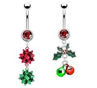 FLOGWE 2 Pcs 14G Cute Christmas Dangle Belly Button Ring 316L Surgical Steel Jingle Bells Belly Navel Rings Xmas Belly Piercing Jewelry for Women, One Size, Stainless Steel, cubic zirconia