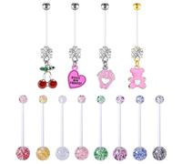 FLOGWE 8~12 Pcs 14G 38mm Pregnancy Belly Button Rings Flexible Bioplast Long Bar Cherry Cute Little Feet Belly Rings for Maternity Clear Navel Piercing Retainer, One Size, Stainless Steel, cubic