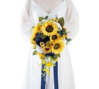 Floinla 12 Inch Cascade Wedding Bouquets for Bride, Royal Blue & Yellow