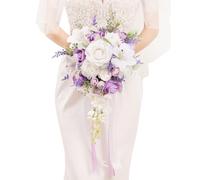 Floinla Bridal Bouquet Cascading, Lilac Purple & White Wedding Bouquets for Bride Bridesmaid 10" Artificial Flowers Bouquet for Wedding Decor