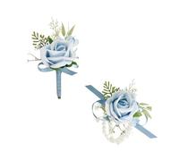 Floinla Light Blue Corsage and Boutonniere Set for Wedding Prom, Artificial Rose Babysbreath Flower Wrist Corsage Bracelets, Homecoming Corsage Wristlet, Boutonniere for Men Wedding Suit Decorations