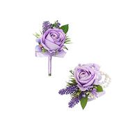 Floinla Purple Corsage and Boutonniere Set for Wedding Prom, Artificial Flower Wrist Corsage Bracelets, Homecoming Corsage Wristlet, Boutonniere for Men Wedding Suit Decorations