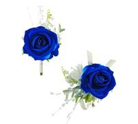 Floinla Royal Blue White Artificial Rose Flower Wrist Corsage Bracelets & Boutonniere Set for Wedding Prom, Homecoming, Formal Occasions