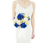 Floinla Royal Blue & White Wedding Bouquets for Bride Bridesmaid Bouquet Artificial Roses Tossing Bridal Bouquet for Wedding Church Home Decoration, Gifts