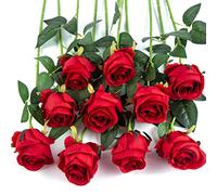 Flojery 10pcs Artificial Rose Flowers Long Stem Fake Silk Roses for DIY Wedding Bouquet Table Centerpiece Home Decor,Red