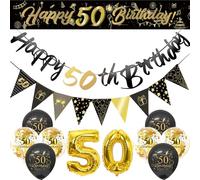 Flomiara 14PCS 50th Happy Birthday Decorations Kit, Birthday Party Decoration Including Party Supplies Celebrate Straps 106ft Banner Triangle Flags, 52ft Number Aluminum Film Confetti Latex Balloons