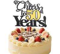 Flomiara 1PC Happy 50th Birthday Cake Topper Black Gold Glitter Cheers to 50 Years Birthday Cake Pick 50 Fabulous Cake Decoration for Happy 50th Birthday Anniversary Party Supplies