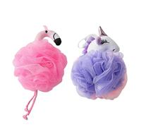 Flomiara 2 Pack Mesh Puff Bath Sponge, Mesh Loofah Body Exfoliating Shower Ball Shower Sponge, Kids Rainbow Purple Horned Unicorn Bath Bomb, Fluffy Soft, Bath Loofahs Cute Animal Bath Sponges