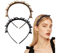 Flomiara 2 Pcs Double Bangs Hairstyle Hairpin, Multi-Layer Teeth Comb Hair Hoop Headband for Women Girls, Clip Headband Hairpins Hair Band Styling Tools, Black, Light Brown