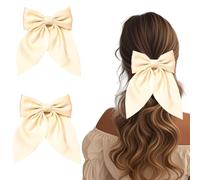 Flomiara 2PCS Hair Bows for Women, Ribbon Ponytail Holder Accessories Slides Metal Hair Clips, Hairdresser Accessories Bow Solid Color Barrette Clips Soft Satin Silky Hair Bow for Women Girls, Beige