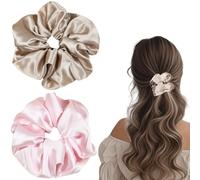 Flomiara 2PCS Scrunchies for Women, Satin Hair Scrunchies Softer Solid Color Elastic Thick Bands, Big Scrunchy Ponytail Holder with Elastic Hair Bands for Thick Thin Curly Hair, Pink, Champagne