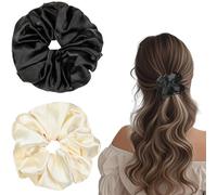 Flomiara 2PCS Scrunchies for Women, Satin Hair Scrunchies Softer Solid Color Elastic Thick Bands, Big Scrunchy Ponytail Holder with Elastic Hair Bands for Thick Thin Curly Hair Type, Black, Beige