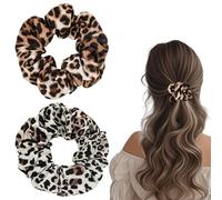 Flomiara 2PCS Scrunchies for Women, Satin Hair Scrunchies Softer Solid Leopard Elastic Thick Bands, Big Scrunchy Ponytail Holder with Elastic Hair Bands for Thick Thin Curly Hair, Brown, Beige