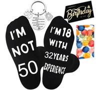 Flomiara 3-Piece 50th Birthday Gift Set for Dad & Men - Funny Crew Socks (Size 6-11 UK/38-45 EUR, Black), Metal Candle Keychain & Greeting Card, Ready-to-Gift in Box