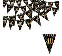 Flomiara 40th Black Gold Party Decorations Birthday Bunting, Happy Banner Bunting Flags, 36 Pieces Triangle Gold Black Glitter Diamond by Numbers Birthday Anniversary Theme Party Decoration Supplies